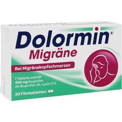 Eine Medikamentenpackung für Migräne mit 30 Filmtabletten.