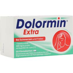 Die Packung zeigt Dolormin Extra Tabletten gegen Schmerzen und Fieber.