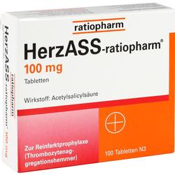 Verpackung von HerzASS-ratiopharm 100 mg Tabletten zur Herzinfarktprophylaxe.