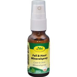 Braune Sprühflasche mit gelbem Etikett für Fell- und Hautpflegespray.