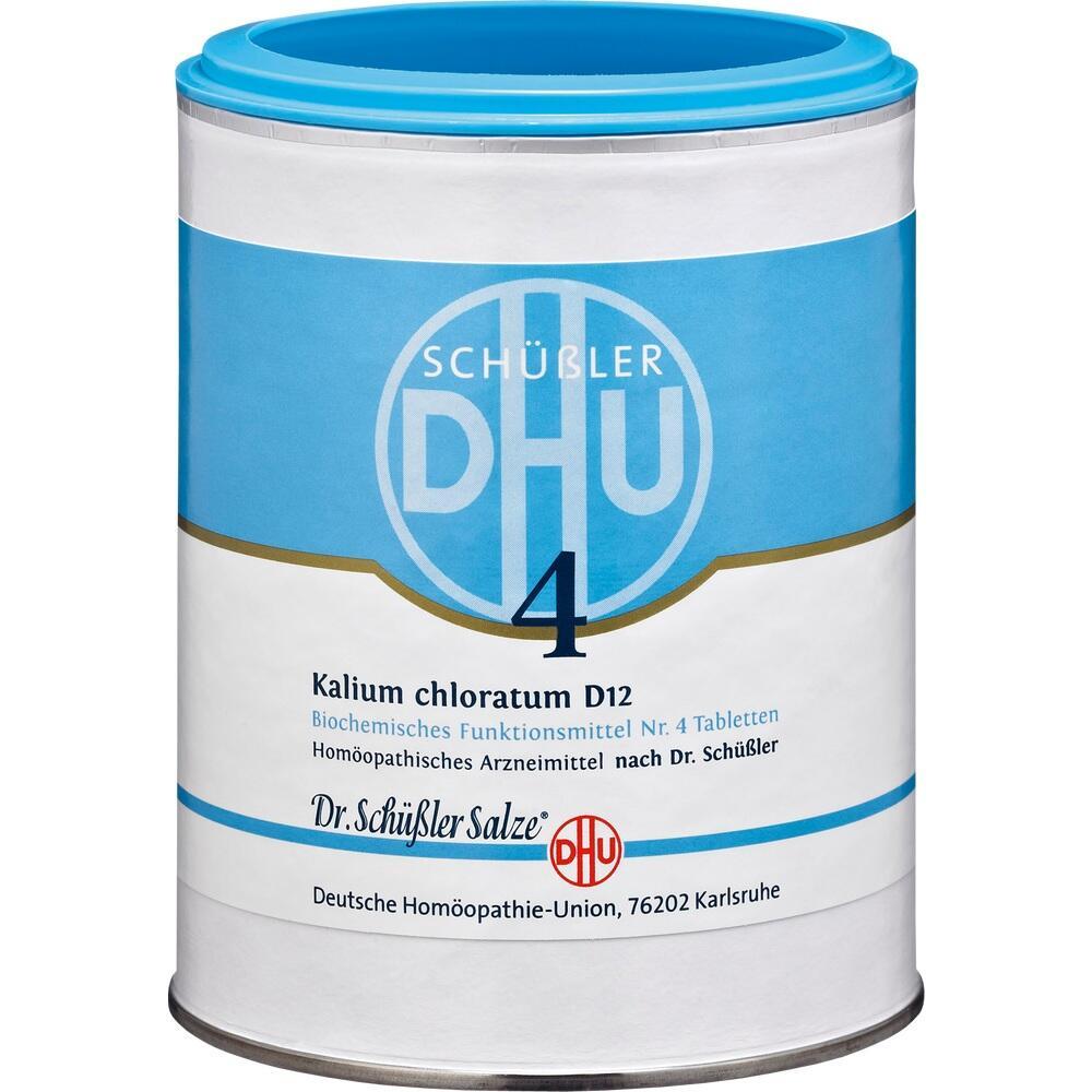 Eine Dose mit der Aufschrift "Schüßler Salze Nr. 4, Kalium chloratum D12".