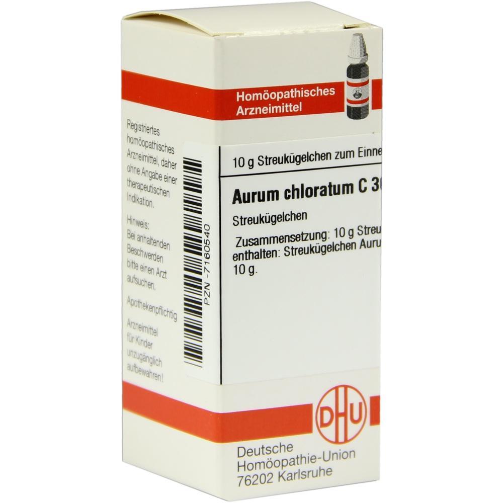 Eine Packung homöopathisches Arzneimittel mit der Aufschrift "Aurum chloratum C 30".