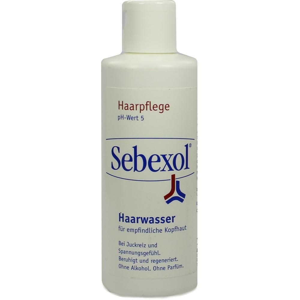 Weiße Flasche Sebexol Haarwasser für empfindliche Kopfhaut.